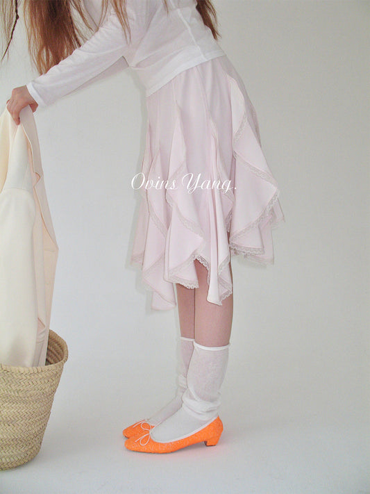 Ovinsyang. Original Design White A-line Sweet Pleated Midi Skirt