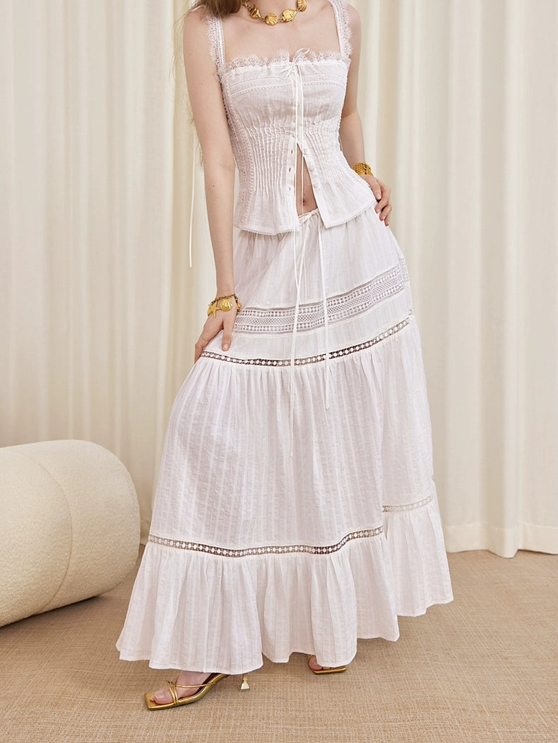 ilessisWANG. Original Design Boho Lace Linen Cami Top & Hollow-Out Skirt Set