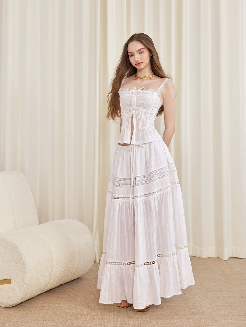 ilessisWANG. Original Design Boho Lace Linen Cami Top & Hollow-Out Skirt Set