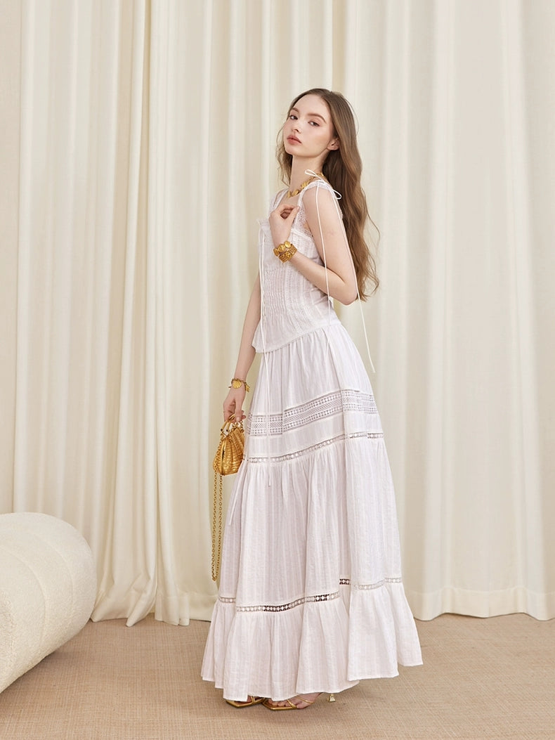 ilessisWANG. Original Design Boho Lace Linen Cami Top & Hollow-Out Skirt Set