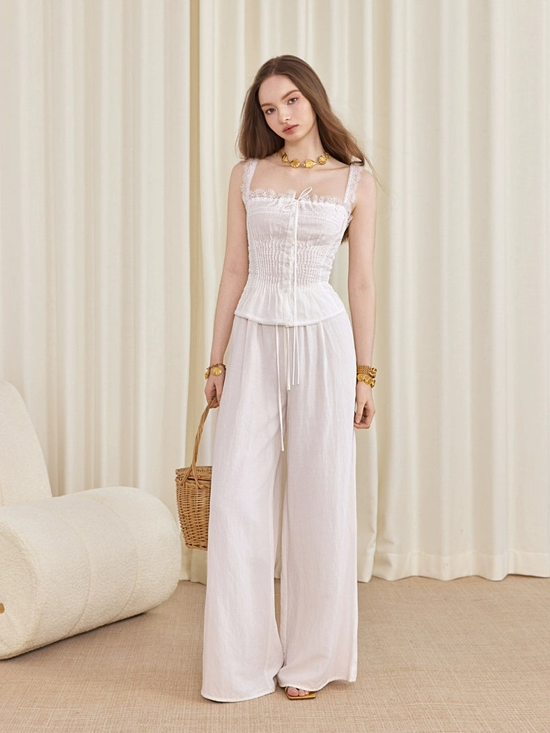 ilessisWANG. Original Design Boho Lace Linen Cami Top & Hollow-Out Skirt Set