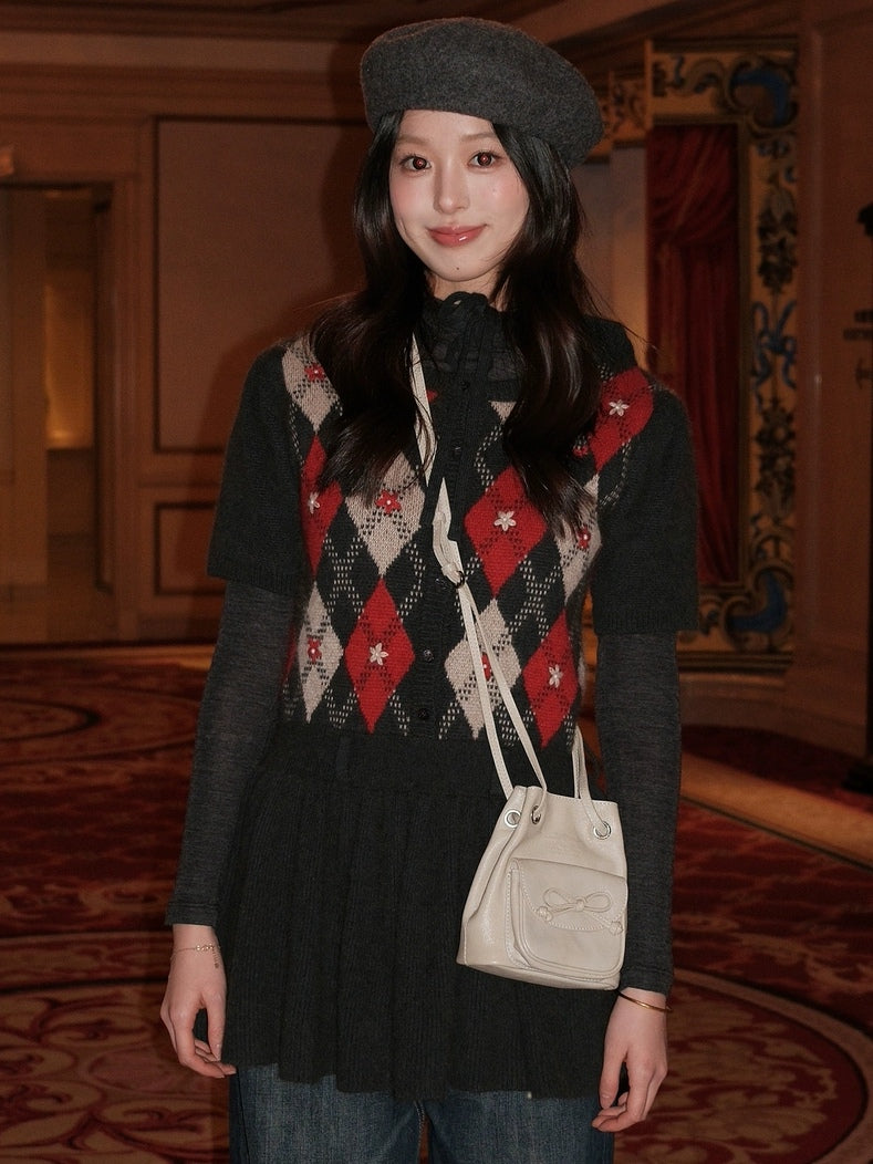 Moromoro. Original Design Diamond Pattern Hand-Embroidered Knit Dress