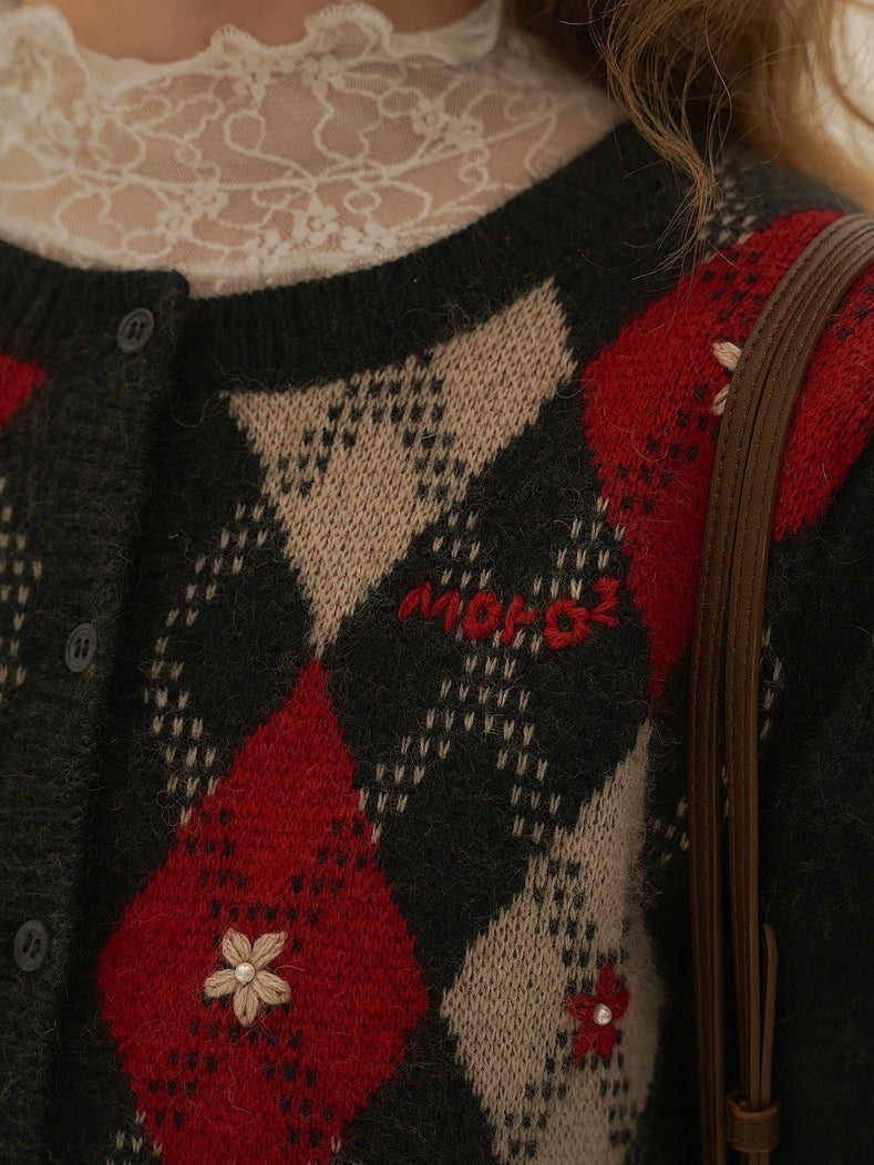 Moromoro. Original Design Diamond Pattern Hand-Embroidered Knit Dress