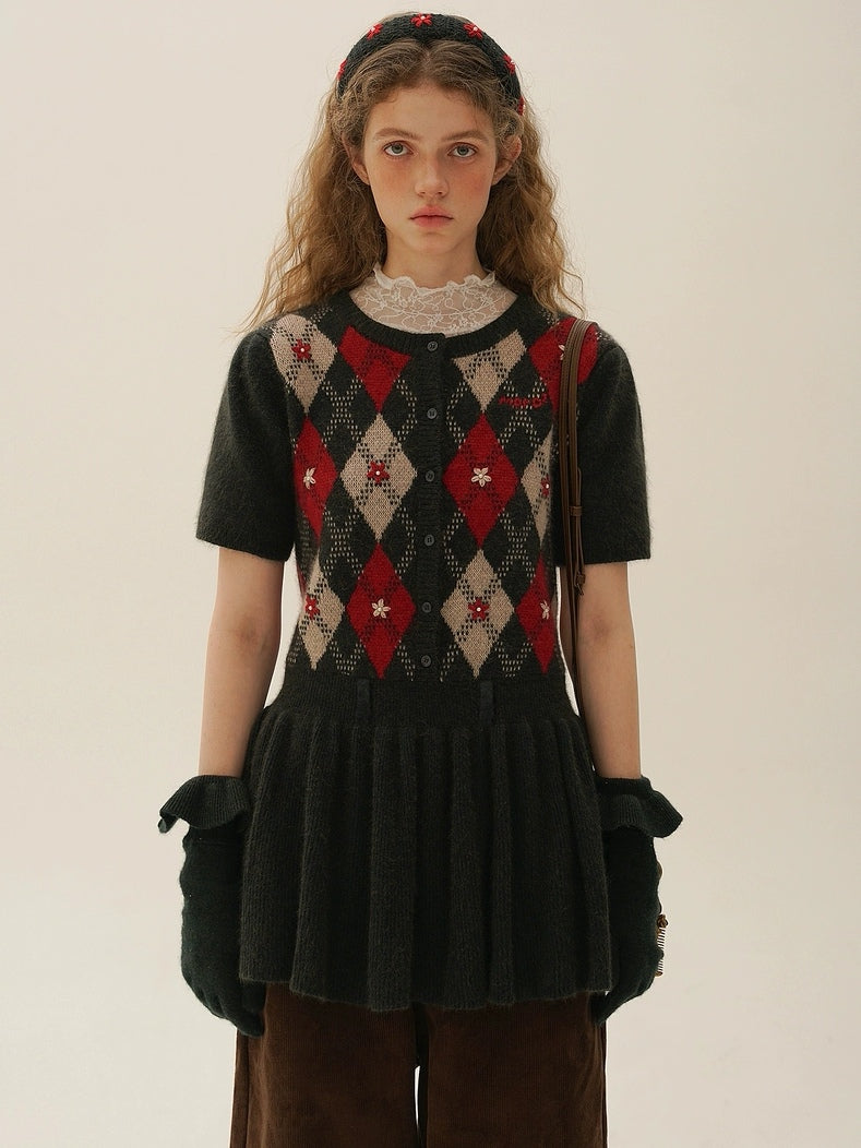 Moromoro. Original Design Diamond Pattern Hand-Embroidered Knit Dress