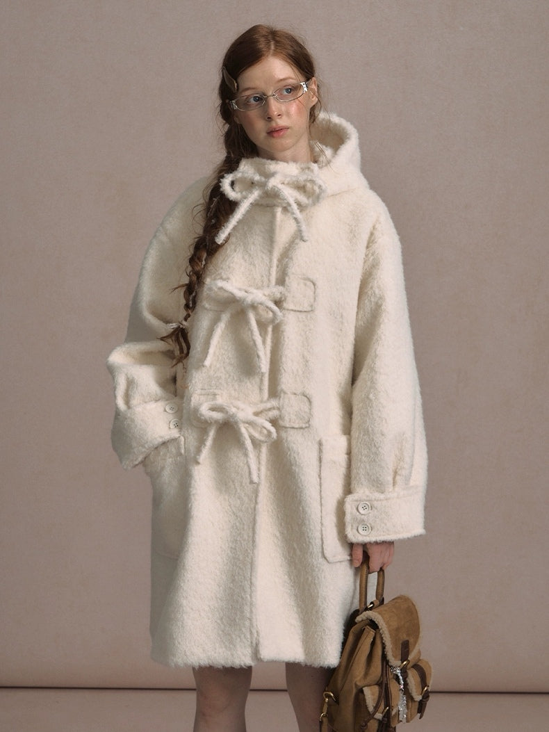 LOLOL. Original Design Hood Long Wool Coat with Bow Buttons