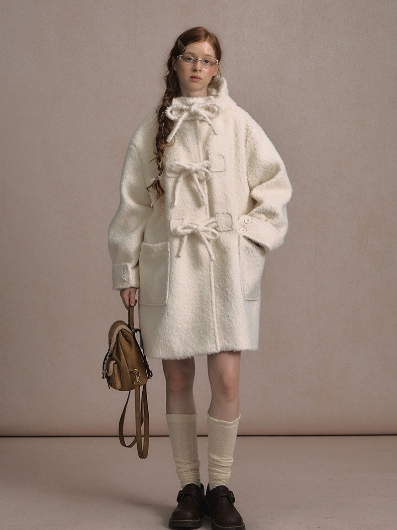 LOLOL. Original Design Hood Long Wool Coat with Bow Buttons