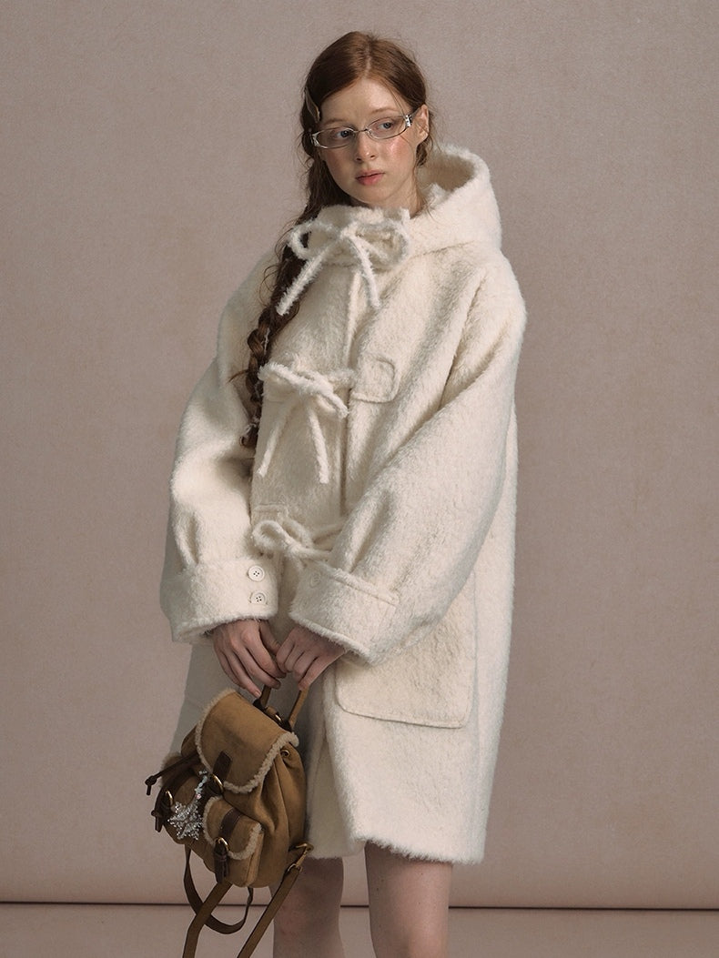 LOLOL. Original Design Hood Long Wool Coat with Bow Buttons