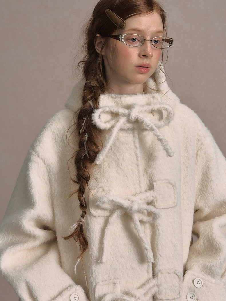 LOLOL. Original Design Hood Long Wool Coat with Bow Buttons