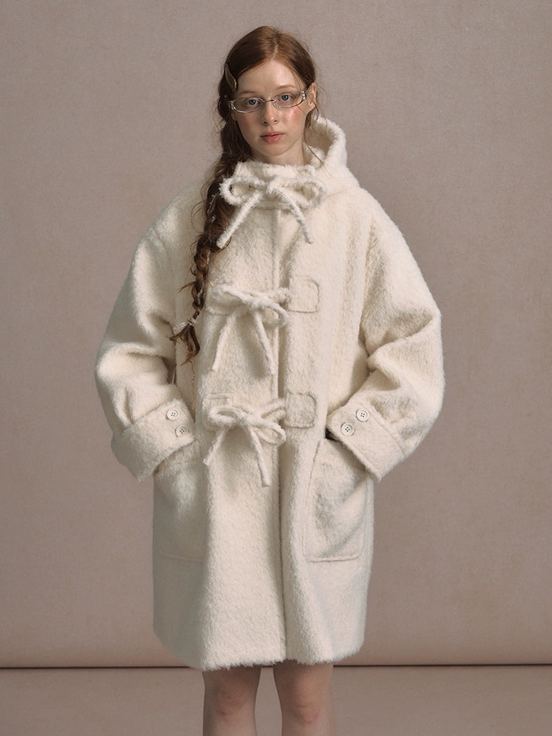 LOLOL. Original Design Hood Long Wool Coat with Bow Buttons