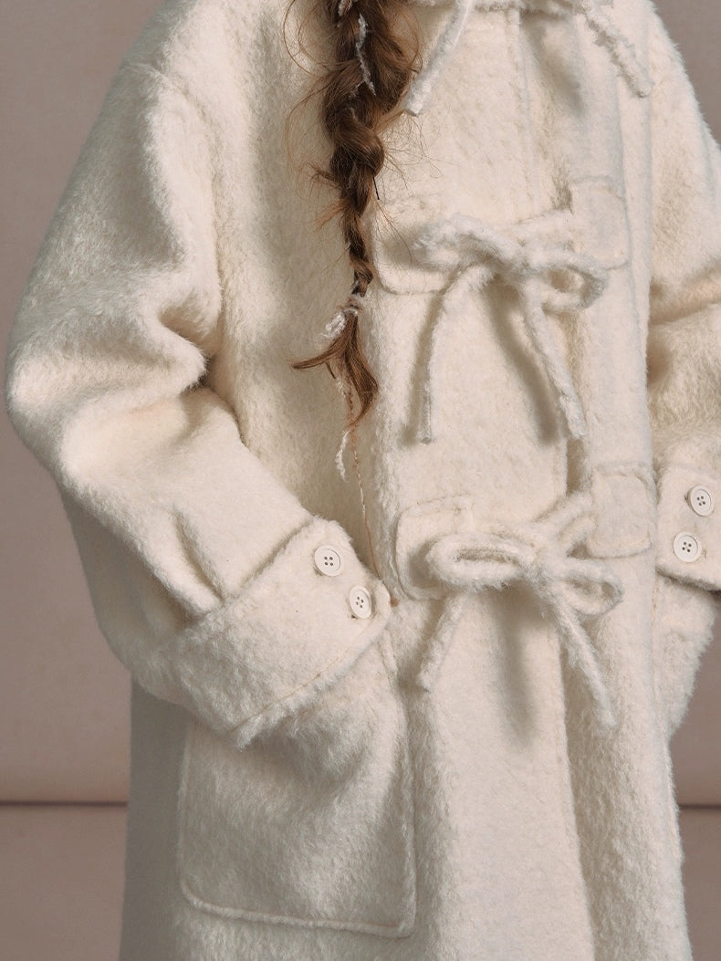 LOLOL. Original Design Hood Long Wool Coat with Bow Buttons