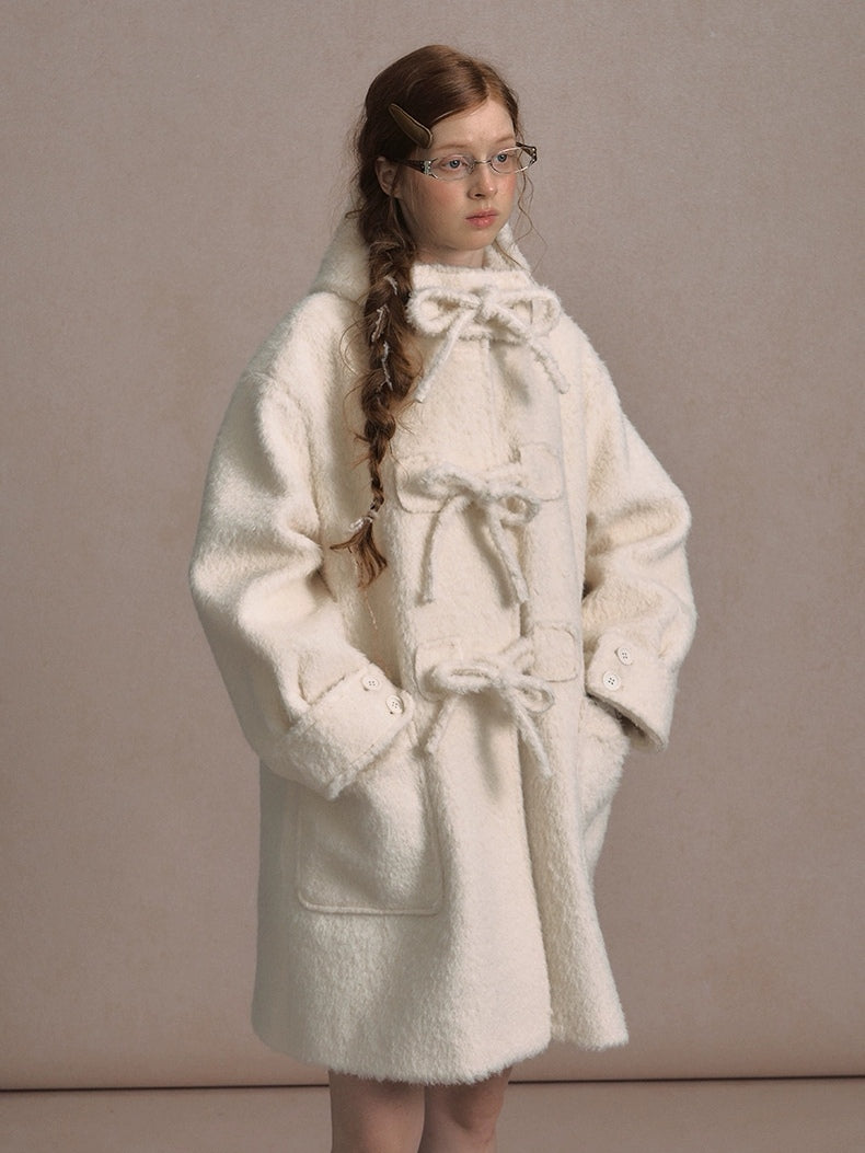 LOLOL. Original Design Hood Long Wool Coat with Bow Buttons