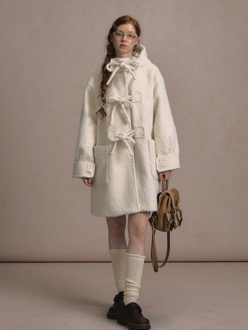 LOLOL. Original Design Hood Long Wool Coat with Bow Buttons