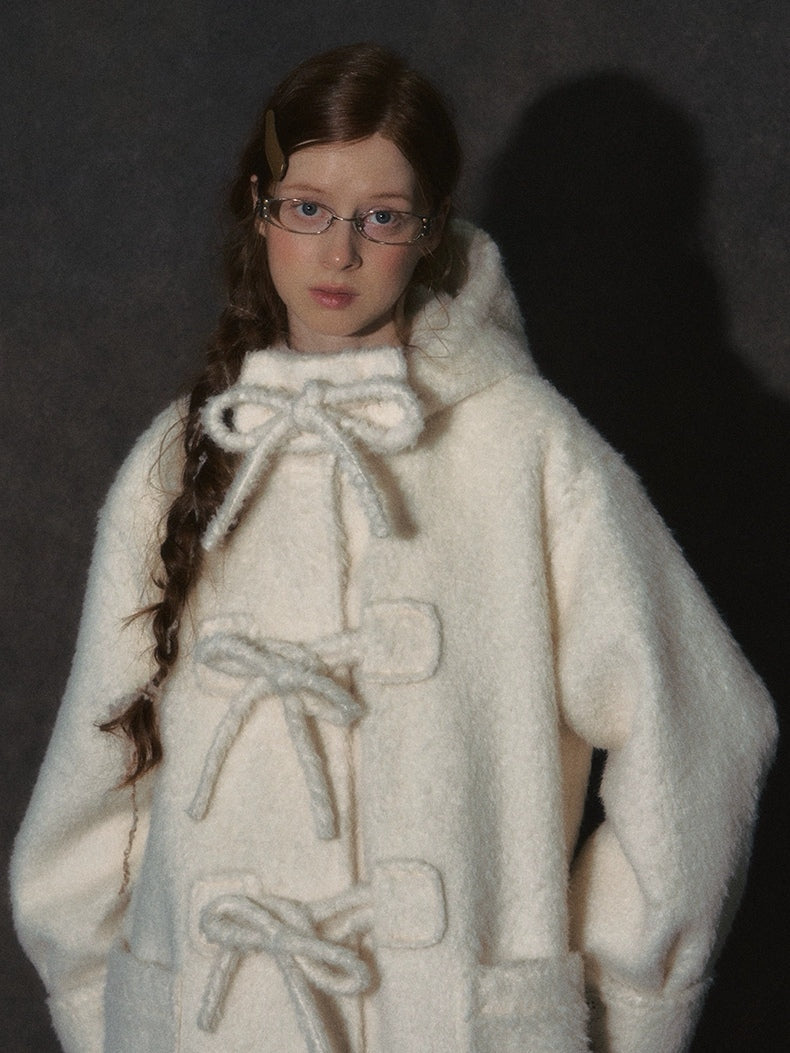 LOLOL. Original Design Hood Long Wool Coat with Bow Buttons