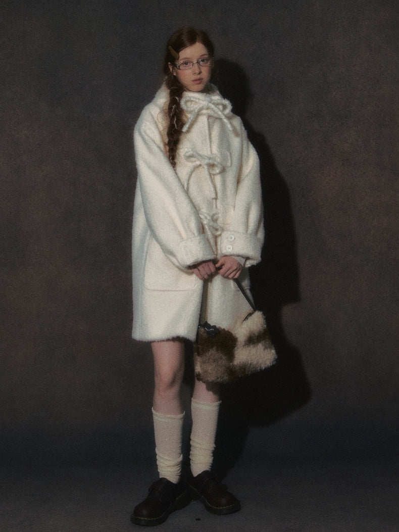 LOLOL. Original Design Hood Long Wool Coat with Bow Buttons