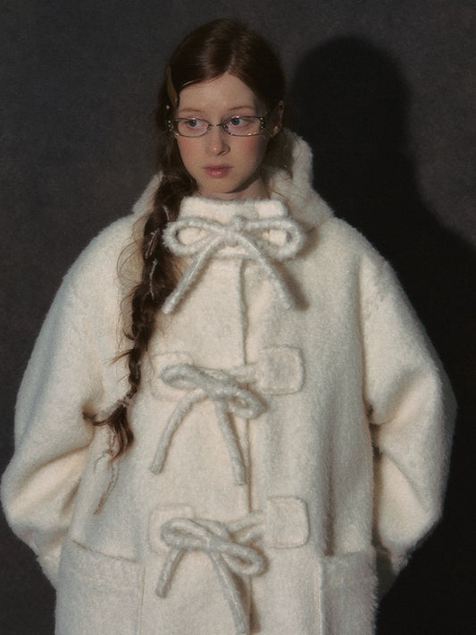 LOLOL. Original Design Hood Long Wool Coat with Bow Buttons