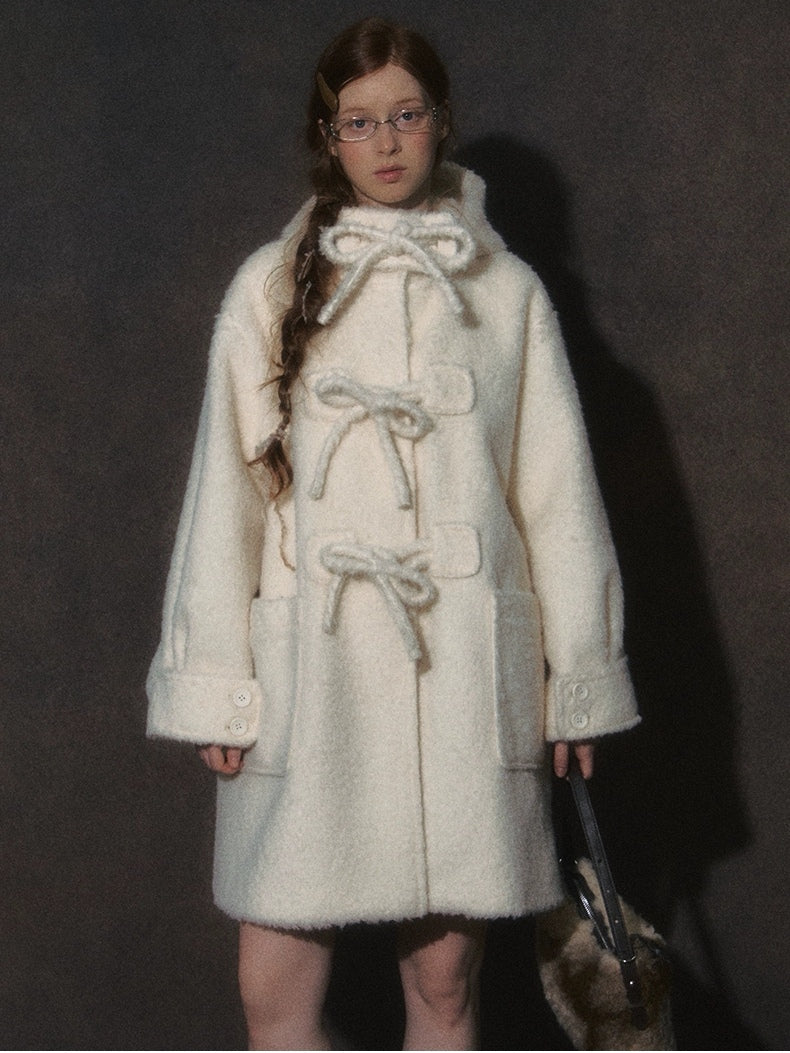 LOLOL. Original Design Hood Long Wool Coat with Bow Buttons