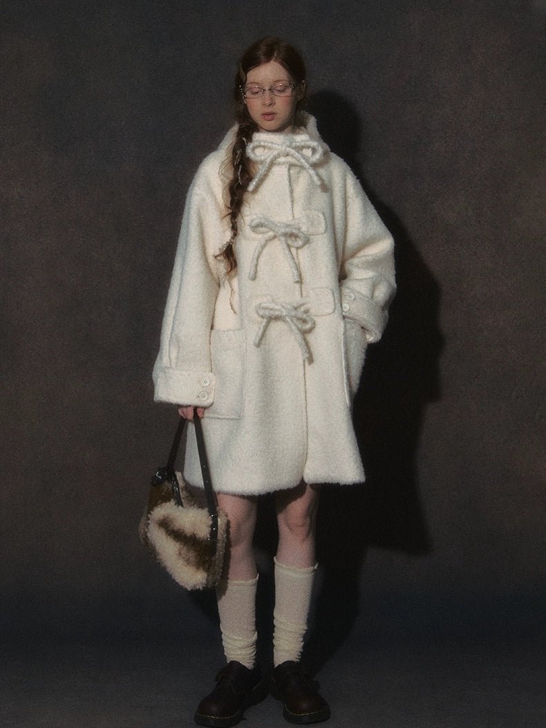 LOLOL. Original Design Hood Long Wool Coat with Bow Buttons