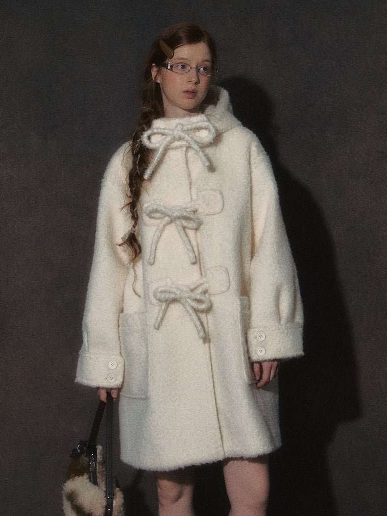 LOLOL. Original Design Hood Long Wool Coat with Bow Buttons