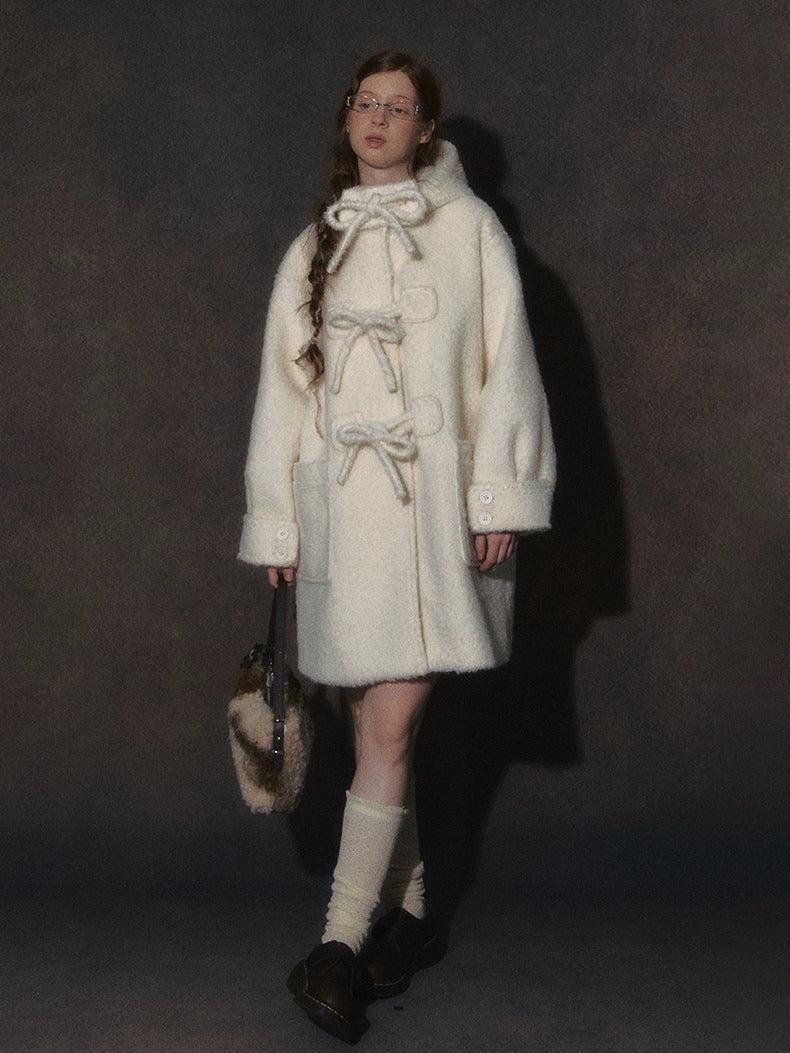 LOLOL. Original Design Hood Long Wool Coat with Bow Buttons