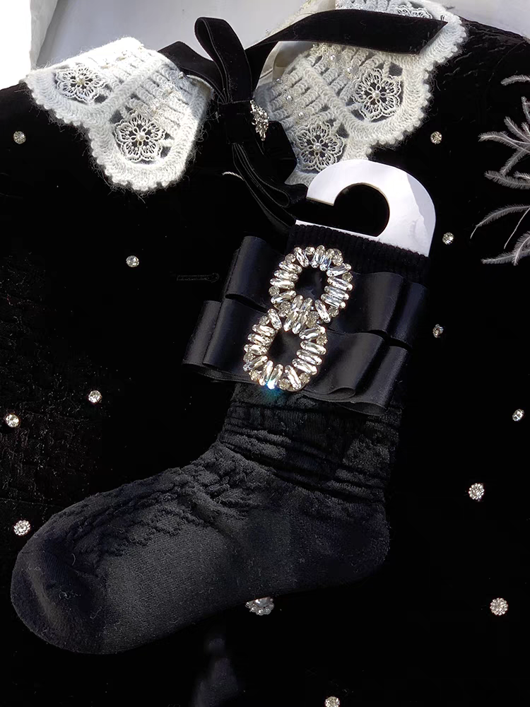 Cnorahk. Original Design Rhinestone Cable Knit Mid-Calf Socks