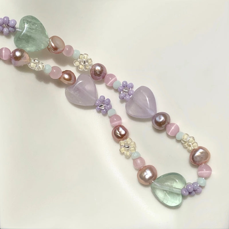 YEE ACC. original handmade low saturation color sweet purple pink beaded heart necklace