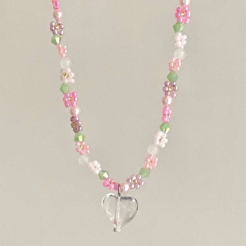 YEE ACC. original handmade vintage style pink beaded flower transparent peach heart necklace
