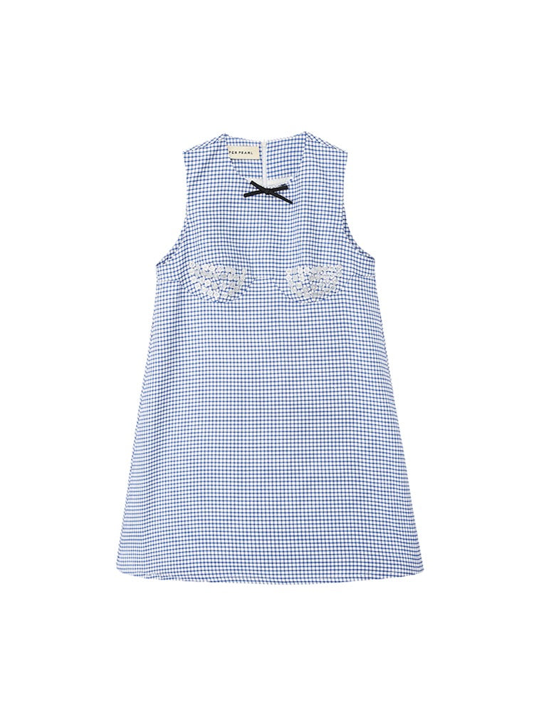 PER PEARL. original design blue plaid button corset a-line sundress