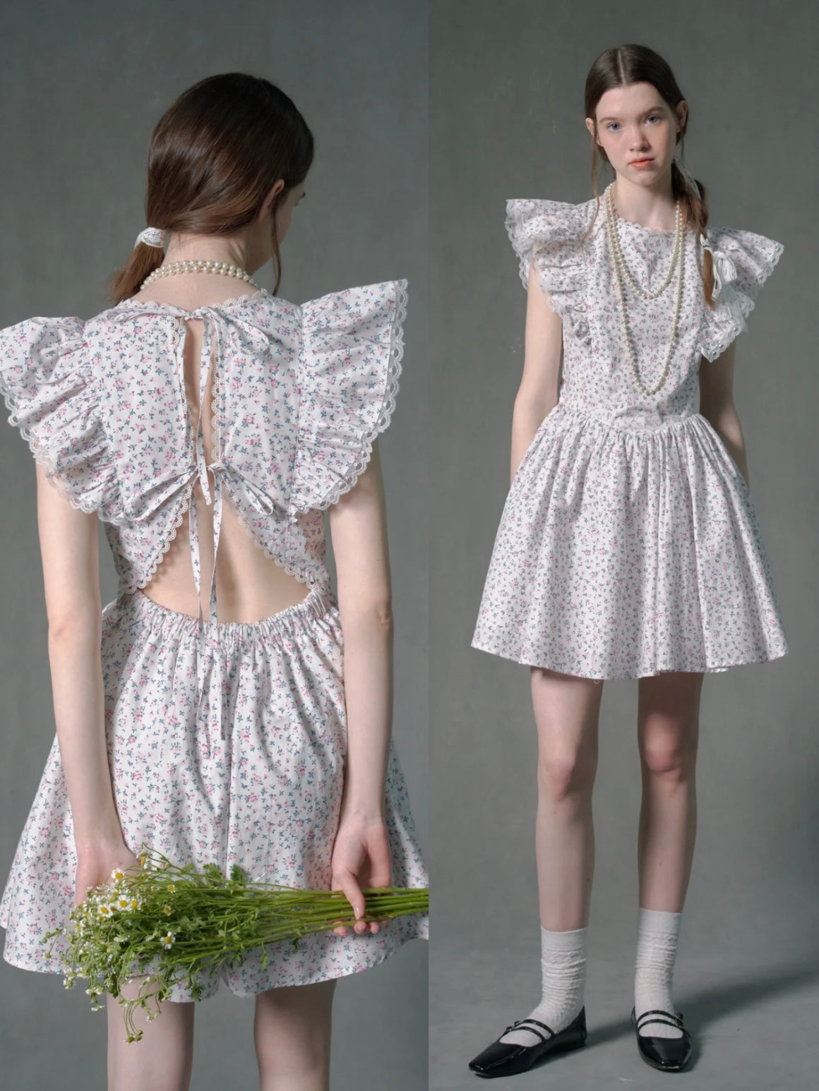 ffringe. original design open back and flying sleeves French dress