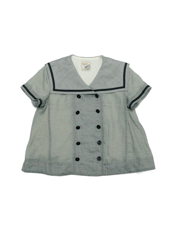 WOKERKER. Original Design Sailor Collar Double-Breasted Ramie Gray Shirt