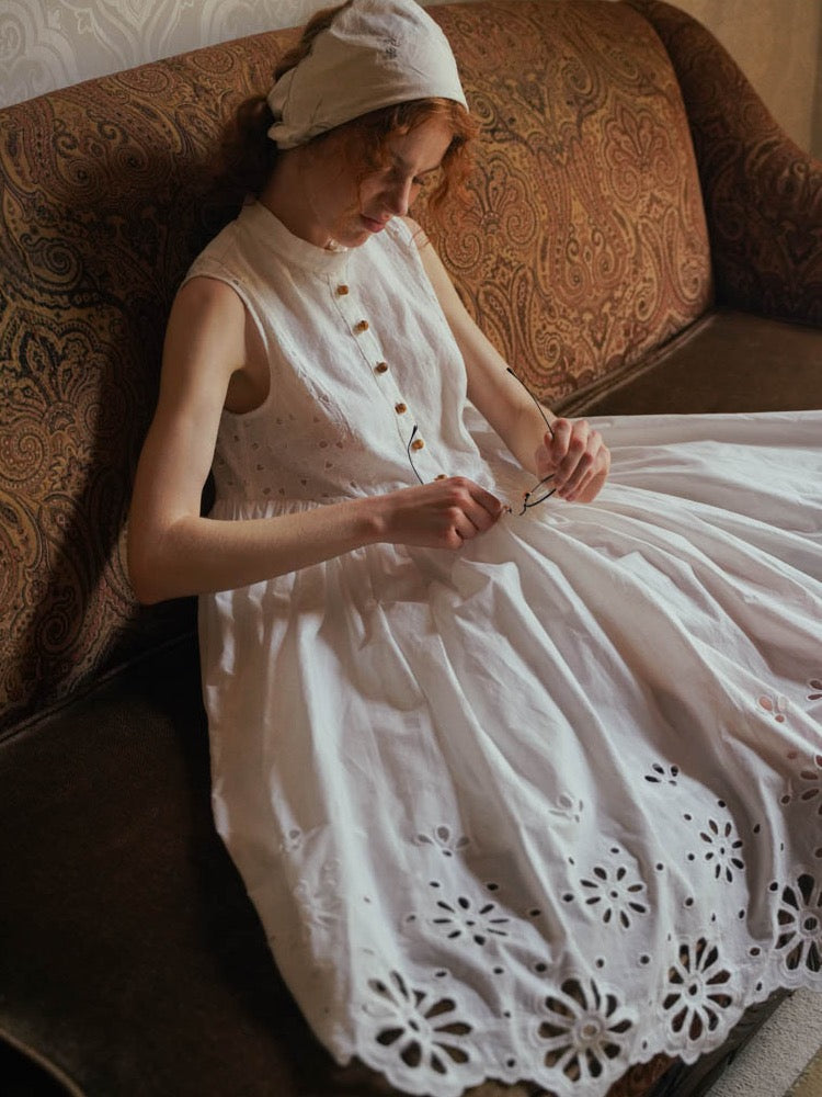 WOKERKER. Original Design Antique White Embroidered Tank Dress