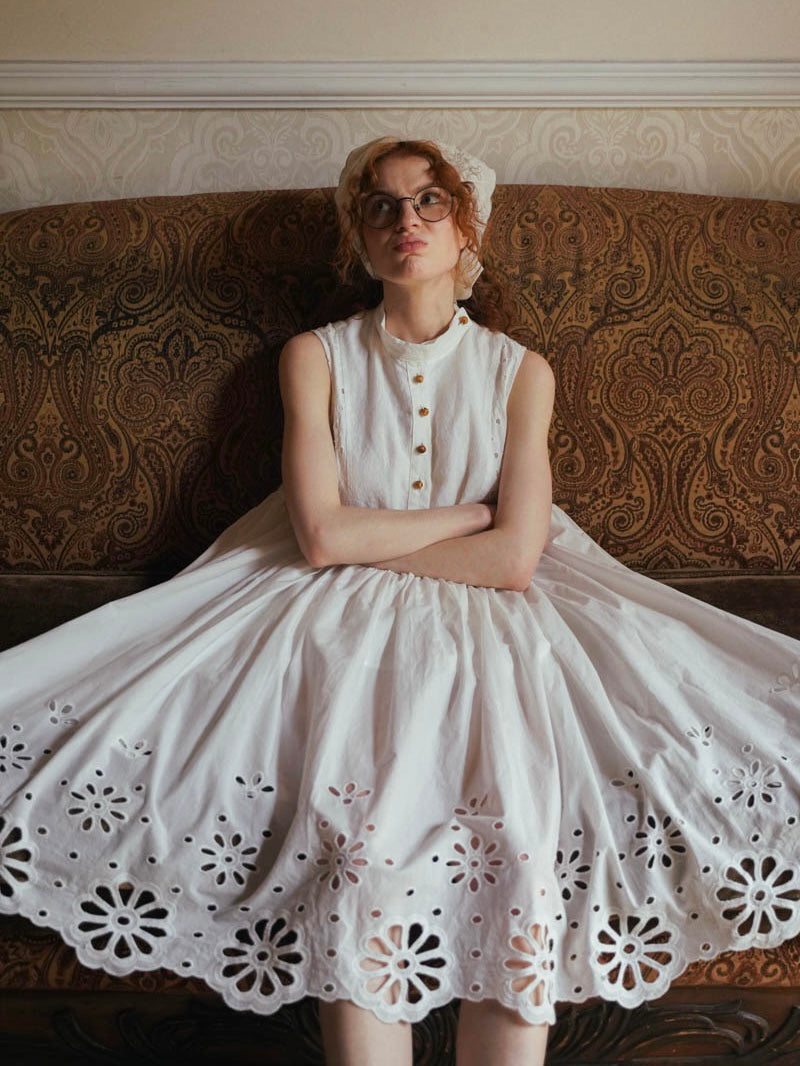 WOKERKER. Original Design Antique White Embroidered Tank Dress