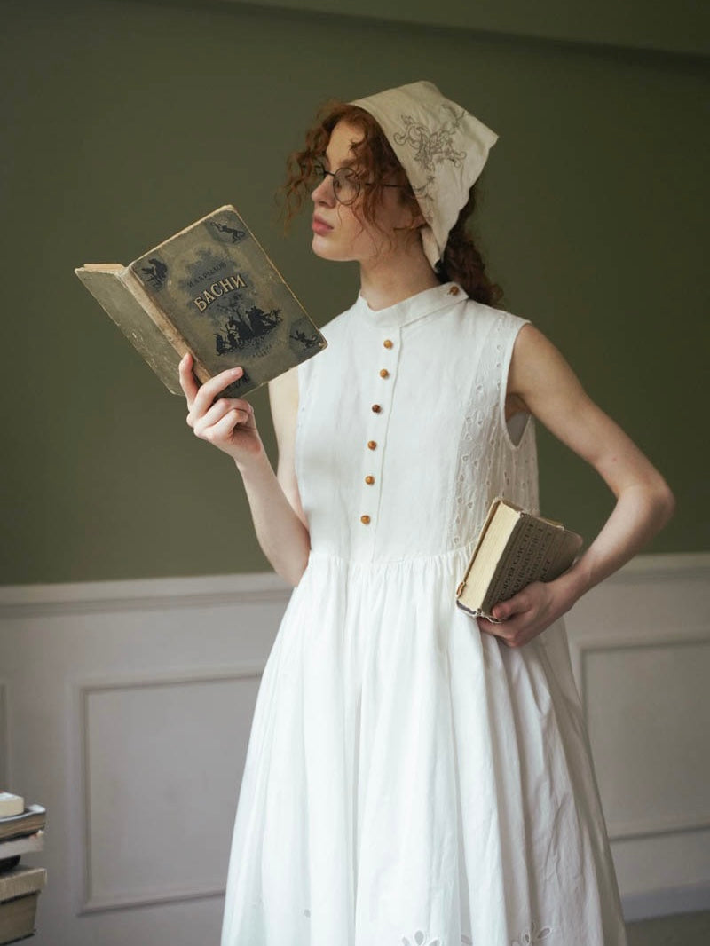 WOKERKER. Original Design Antique White Embroidered Tank Dress