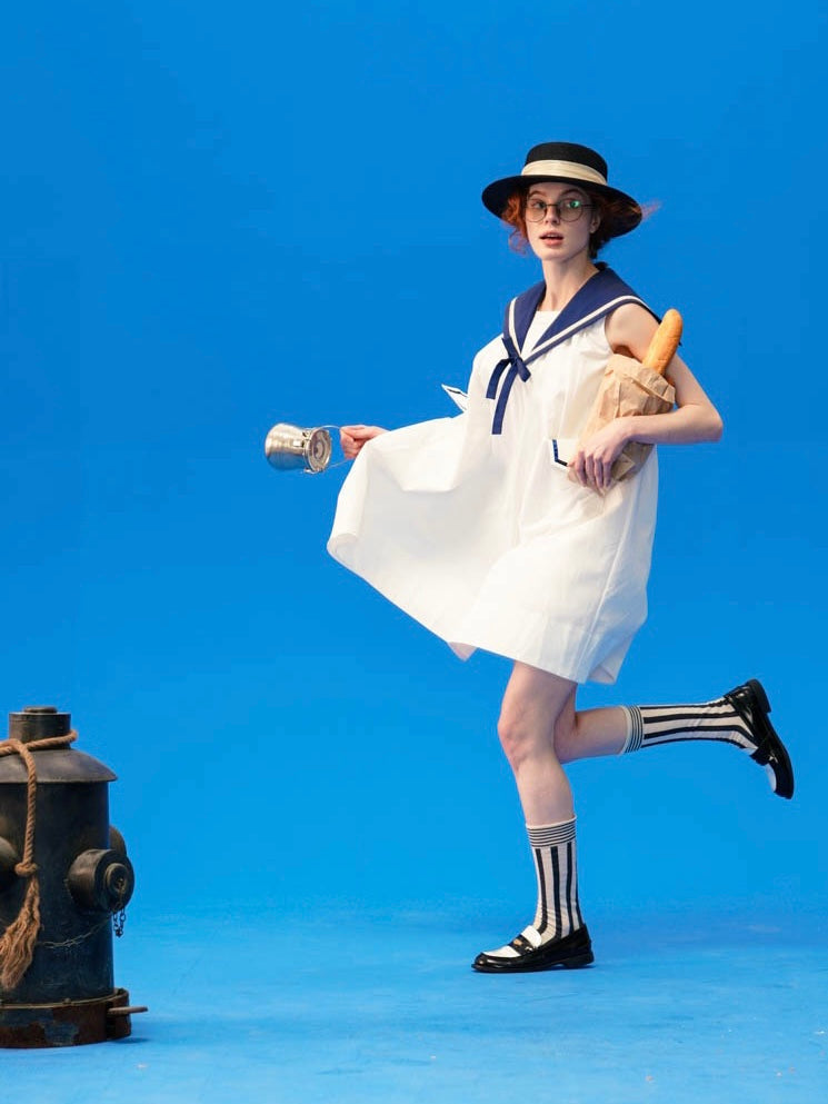 WOKERKER. Original Design Vintage Sailor Neck Sleeveless Dress