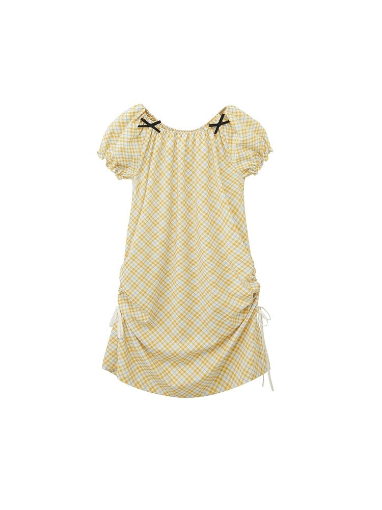 PER PEARL. Original Design Check Ribbon Shirring Dress