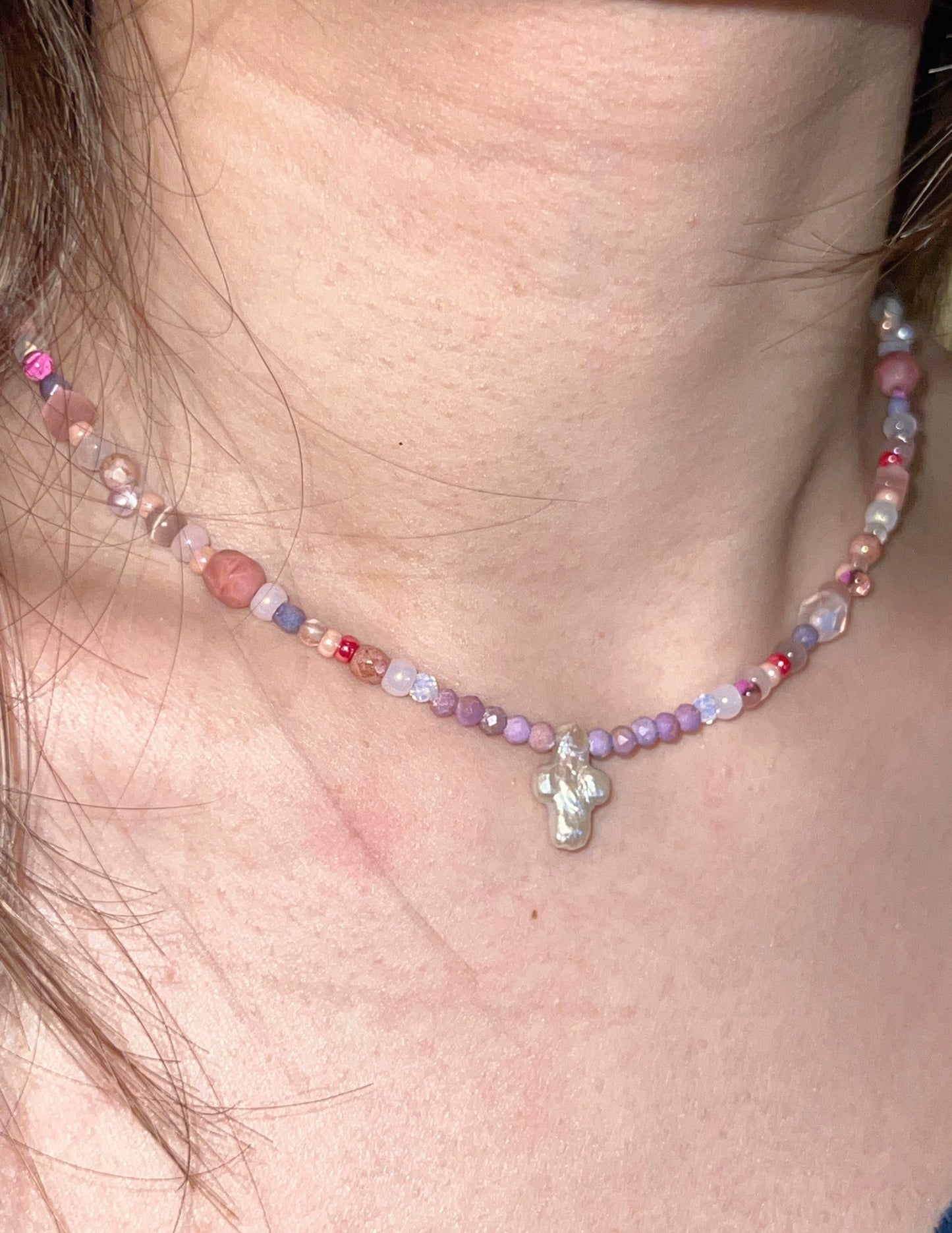 TadaHoops. Original Handmade Pink Natural Stone Baroque Pearl Cross Necklace