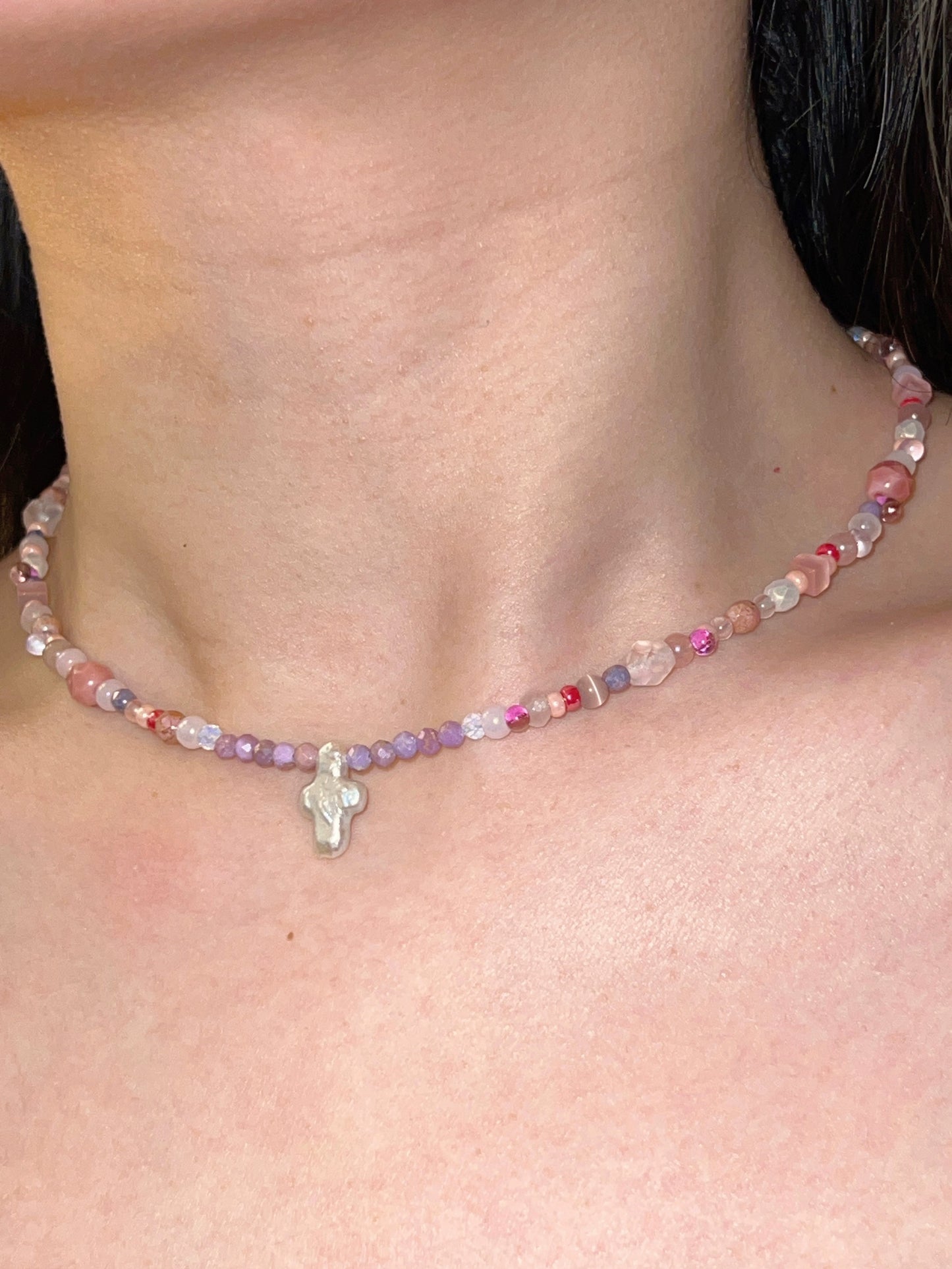 TadaHoops. Original Handmade Pink Natural Stone Baroque Pearl Cross Necklace