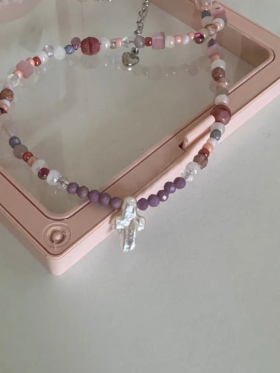 TadaHoops. Original Handmade Pink Natural Stone Baroque Pearl Cross Necklace