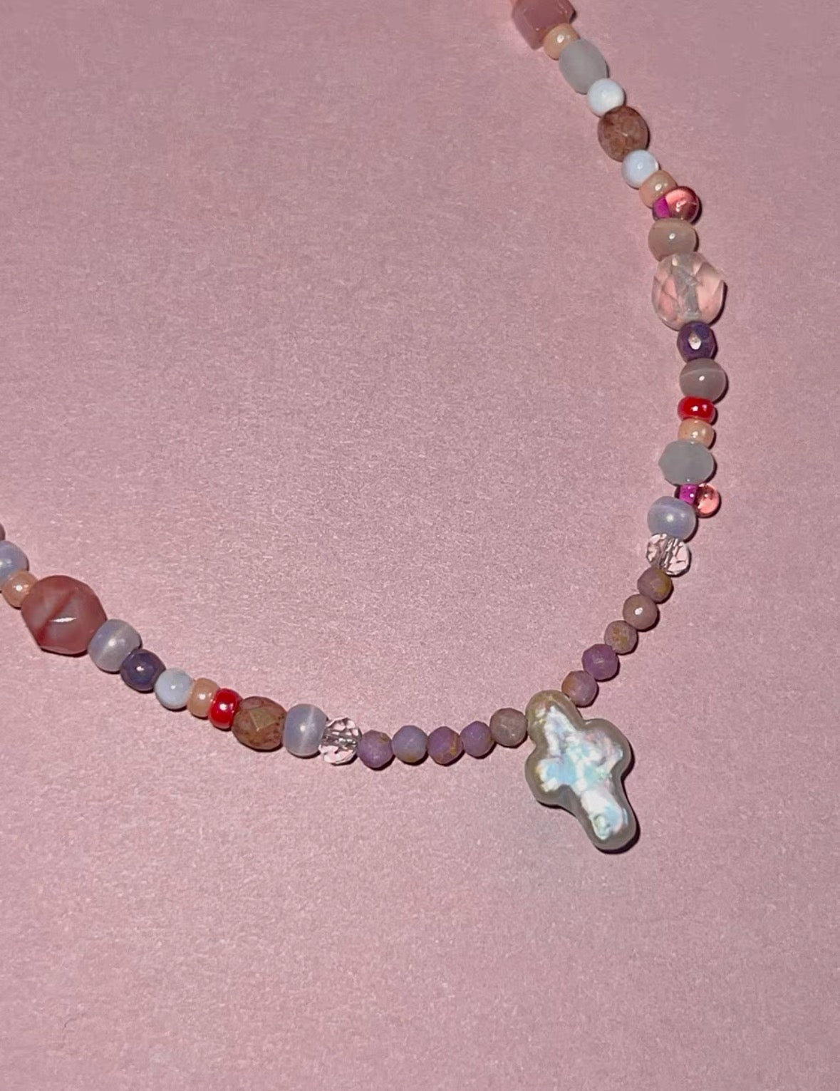 TadaHoops. Original Handmade Pink Natural Stone Baroque Pearl Cross Necklace