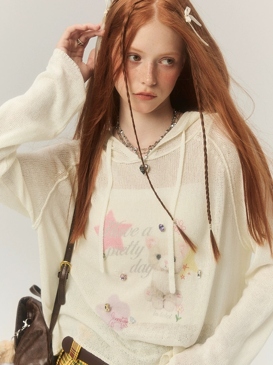 LOLOL.Original Design Sweet Girl Loose Cat Print Hooded Knit
