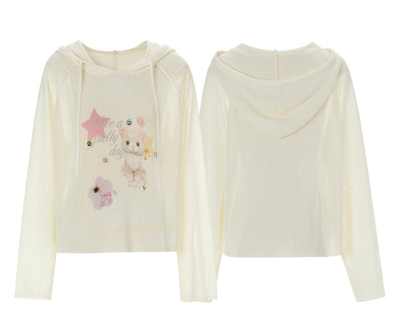 LOLOL.Original Design Sweet Girl Loose Cat Print Hooded Knit