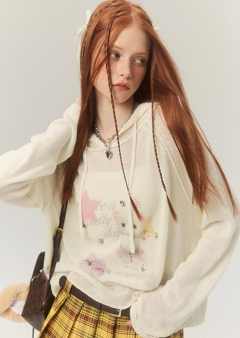 LOLOL.Original Design Sweet Girl Loose Cat Print Hooded Knit