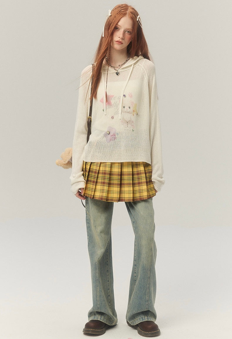 LOLOL.Original Design Sweet Girl Loose Cat Print Hooded Knit