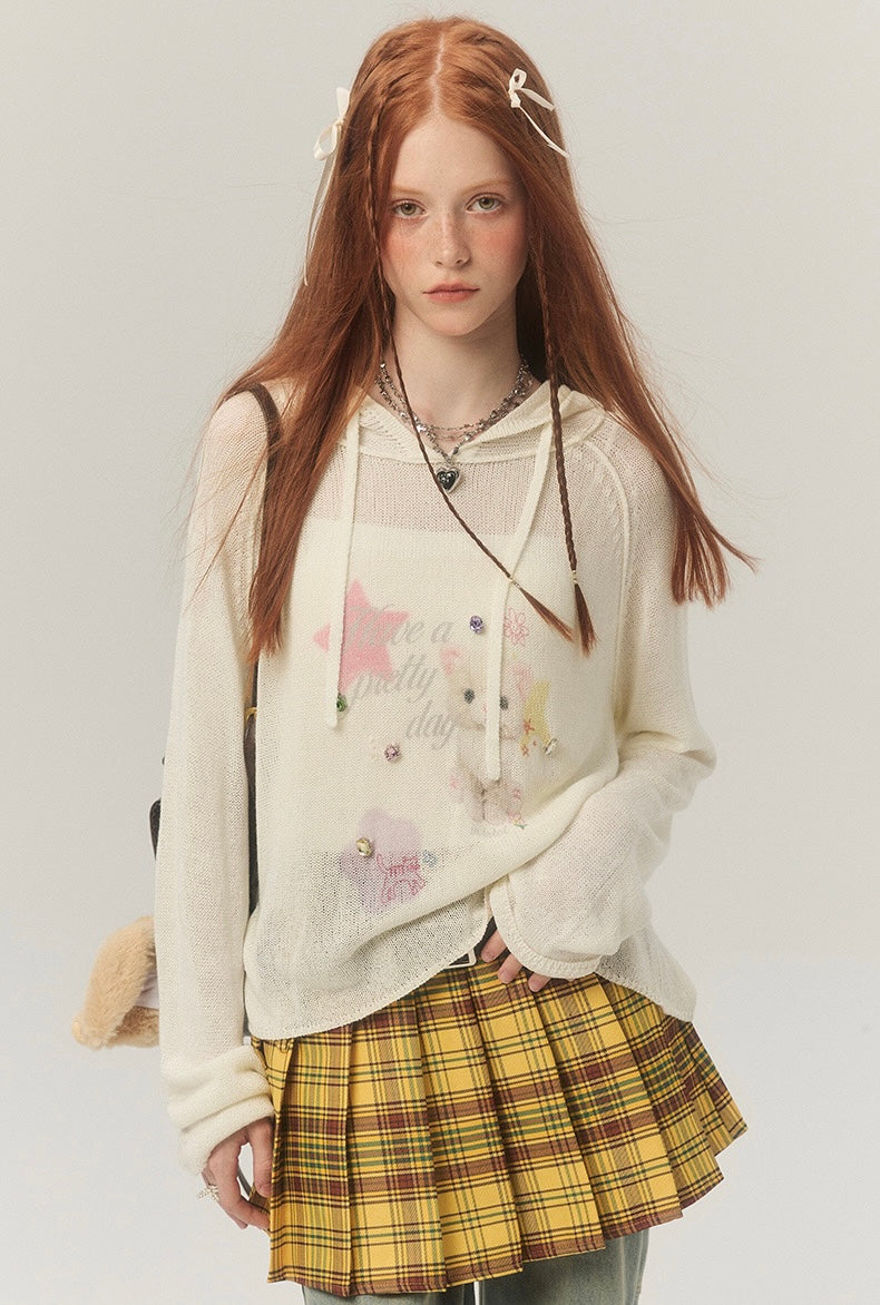 LOLOL.Original Design Sweet Girl Loose Cat Print Hooded Knit