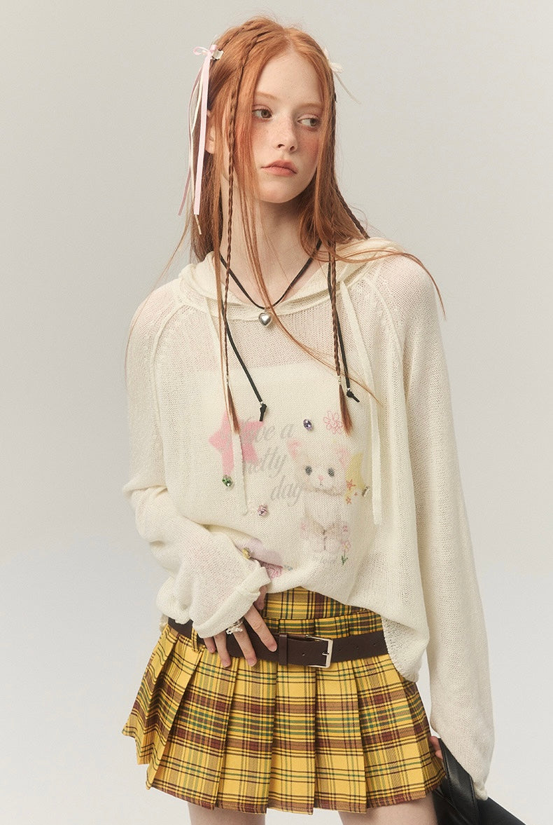 LOLOL.Original Design Sweet Girl Loose Cat Print Hooded Knit