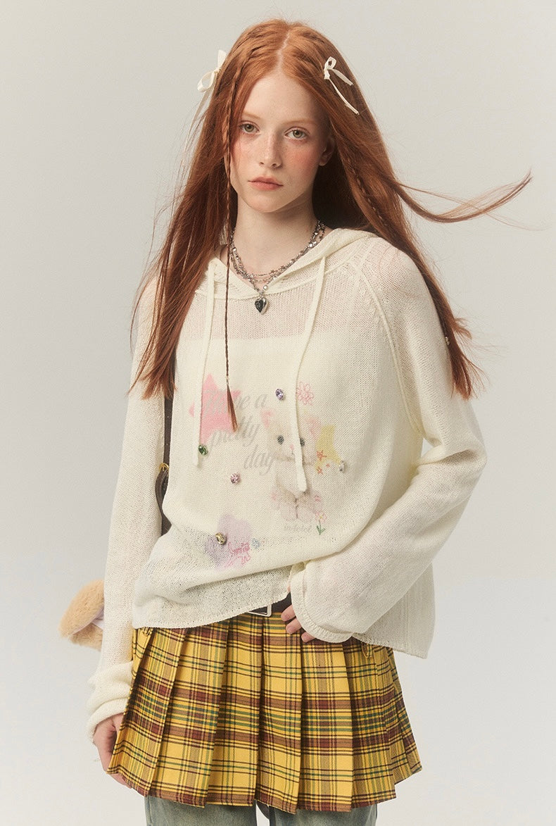 LOLOL.Original Design Sweet Girl Loose Cat Print Hooded Knit