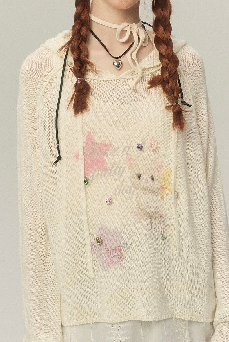 LOLOL.Original Design Sweet Girl Loose Cat Print Hooded Knit