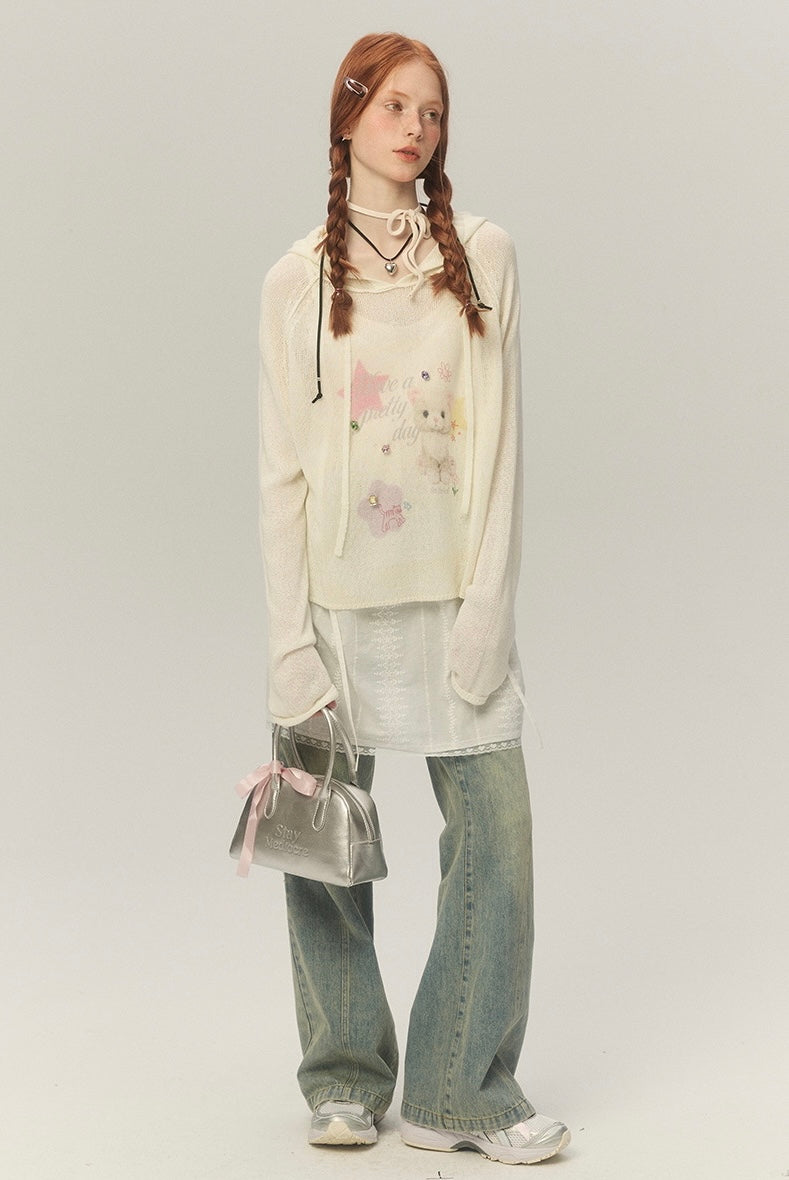 LOLOL.Original Design Sweet Girl Loose Cat Print Hooded Knit