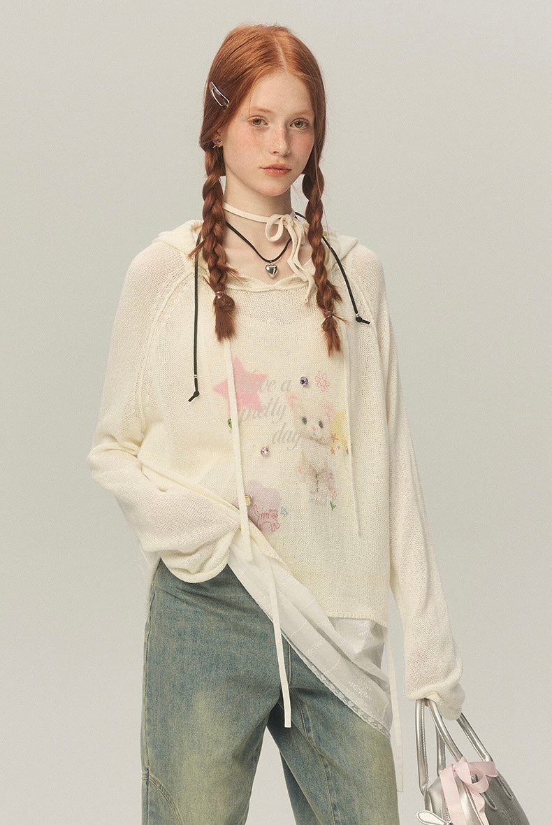 LOLOL.Original Design Sweet Girl Loose Cat Print Hooded Knit