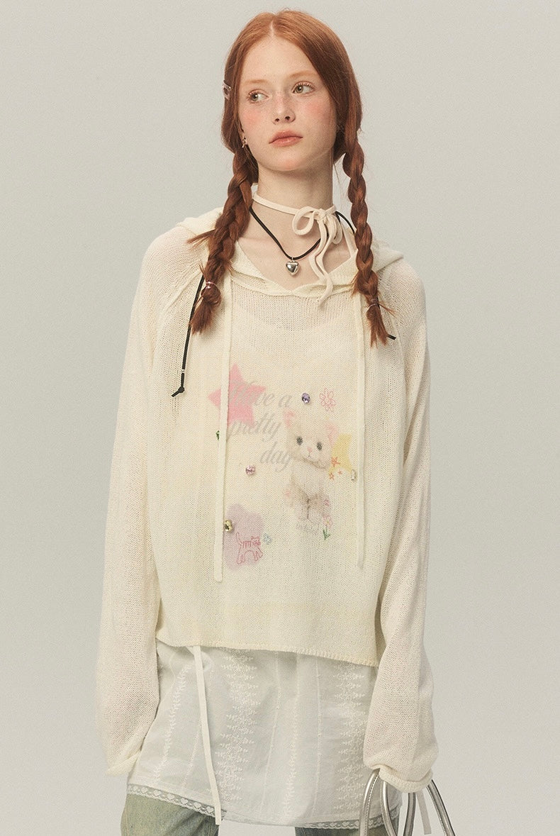 LOLOL.Original Design Sweet Girl Loose Cat Print Hooded Knit