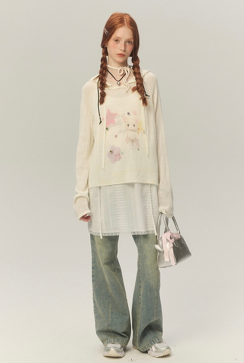 LOLOL.Original Design Sweet Girl Loose Cat Print Hooded Knit